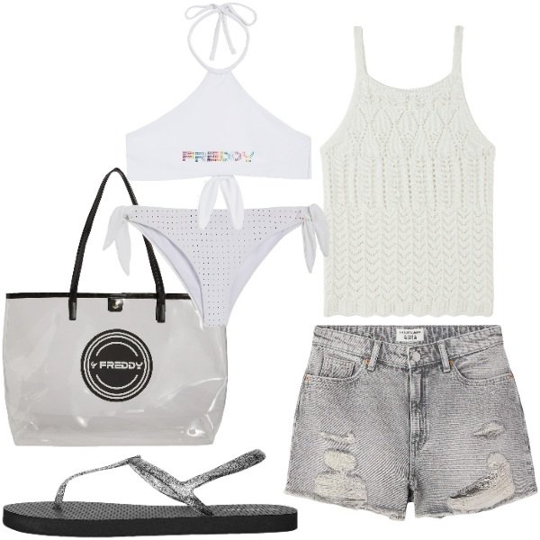 Outfit donna - Giornata al mare. Stile Basic per Mare. Abbinamento con shorts, top, ciabatte, shopping bag, bikini, bikini.