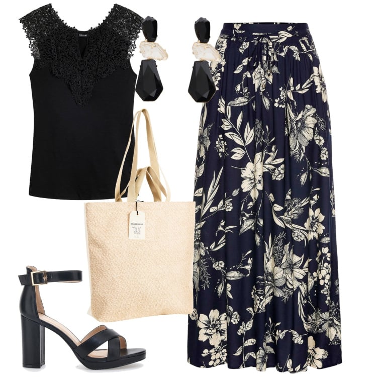 Outfit donna - Luglio. Stile Urban per Tutti i giorni. Abbinamento con gonne lunghe, top, borse tote, orecchini, sandali col tacco.