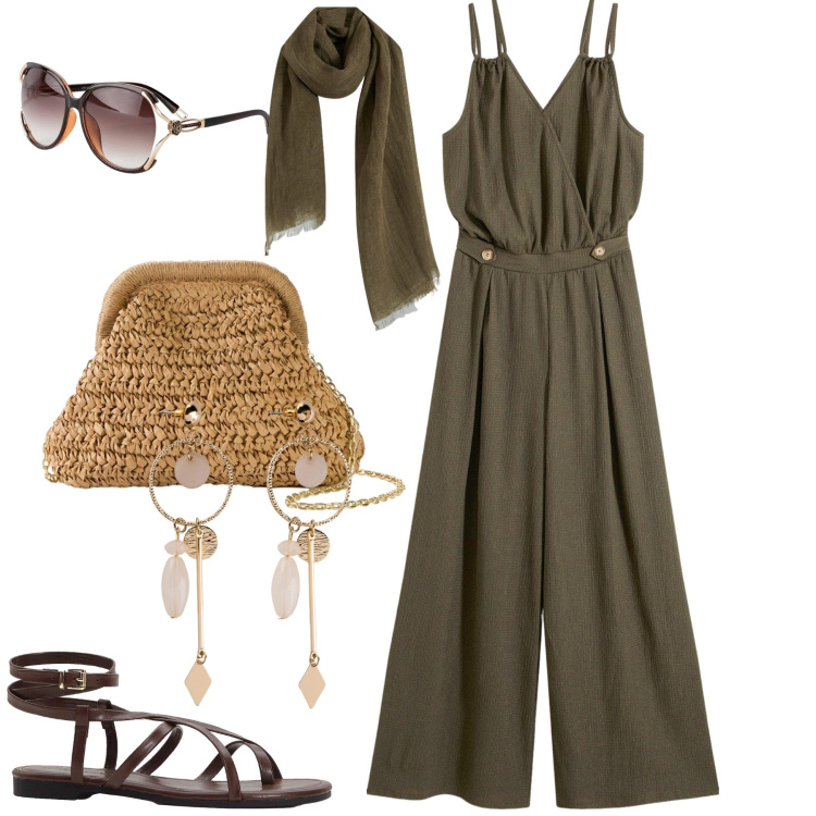 Outfit donna - La jumpsuit verde. Stile Urban per Tutti i giorni. Abbinamento con borse a tracolla, orecchini, occhiali da sole, sandali, tute, sciarpe.