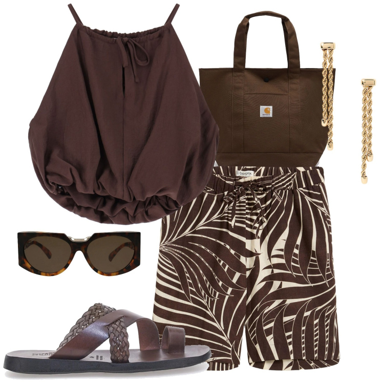Outfit donna - Luglio. Stile Casual chic per Tutti i giorni. Abbinamento con occhiali da sole, bermuda, top, orecchini, ciabatte, borse tote.