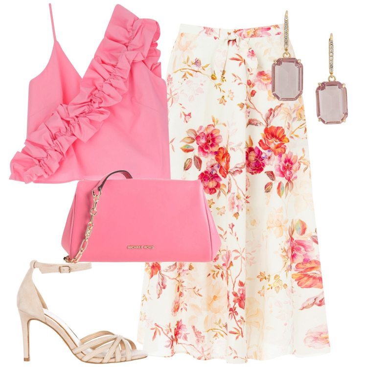 Outfit donna - Pronta per la festa. Stile Romantica per Serata fuori. Abbinamento con borse a tracolla, top, gonne longuette, sandali col tacco, orecchini.