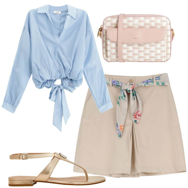 Outfit donna - City. Stile Casual chic per Tutti i giorni. Abbinamento con borse a tracolla, shorts, bluse, sandali in pelle.