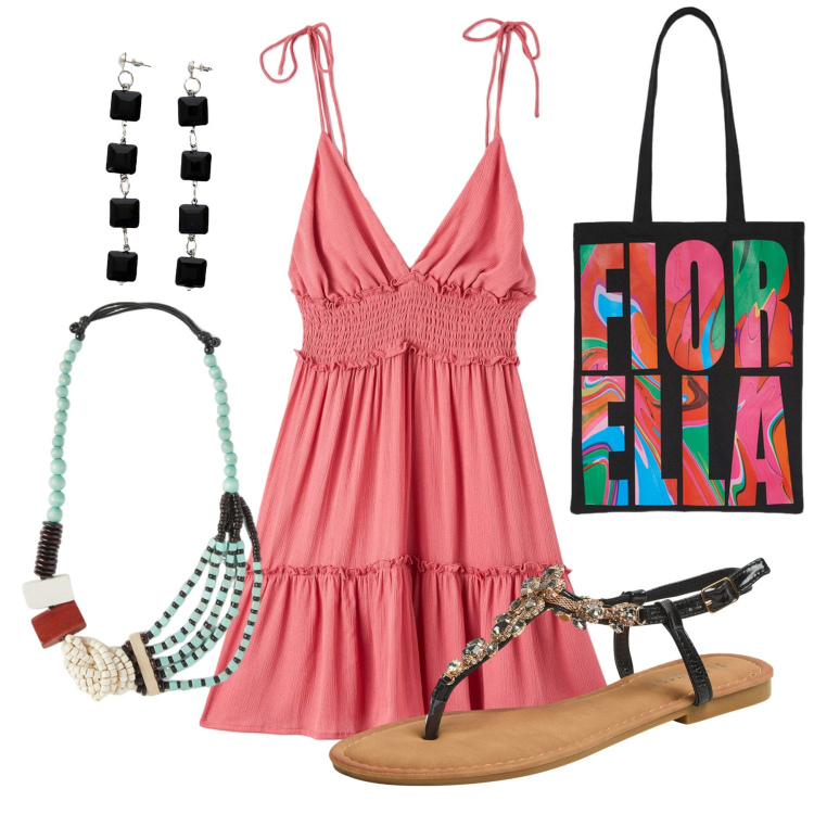Outfit donna - Accessori colorati. Stile Casual per Tutti i giorni. Abbinamento con vestiti corti, sandali gioiello, orecchini, borse tote, collane.