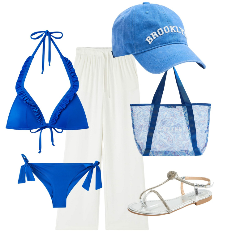 Outfit donna - In spiaggia. Stile Basic per Mare. Abbinamento con pantaloni, cappelli, bikini, shopping bag, bikini, ciabatte.