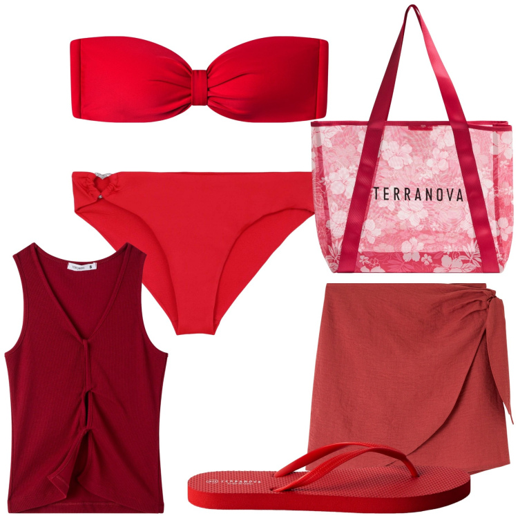 Outfit donna - Total look #2196716. Stile Casual per Mare. Abbinamento con vestiti da spiaggia, shopping bag, infradito, top, bikini, bikini.