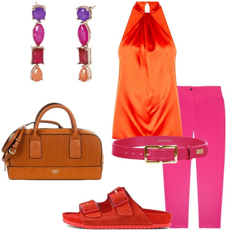 Outfit donna - Colori vivaci e tropicali. Stile Trendy per Tutti i giorni. Abbinamento con orecchini, top, borse a mano, cinture, pantaloni chino, sandali.