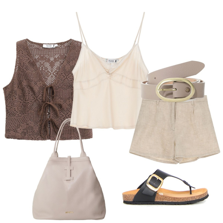 Outfit donna - Boho chic. Stile Boho per Tutti i giorni. Abbinamento con pantaloni corti, maglieria, top, borse tote, cinture, infradito.