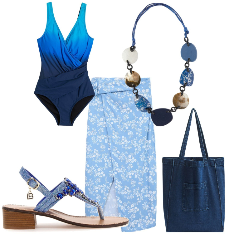 Outfit donna - Look da spiaggia. Stile Casual per Mare. Abbinamento con costumi interi, vestiti da spiaggia, shopping bag, sandali gioiello, collane.