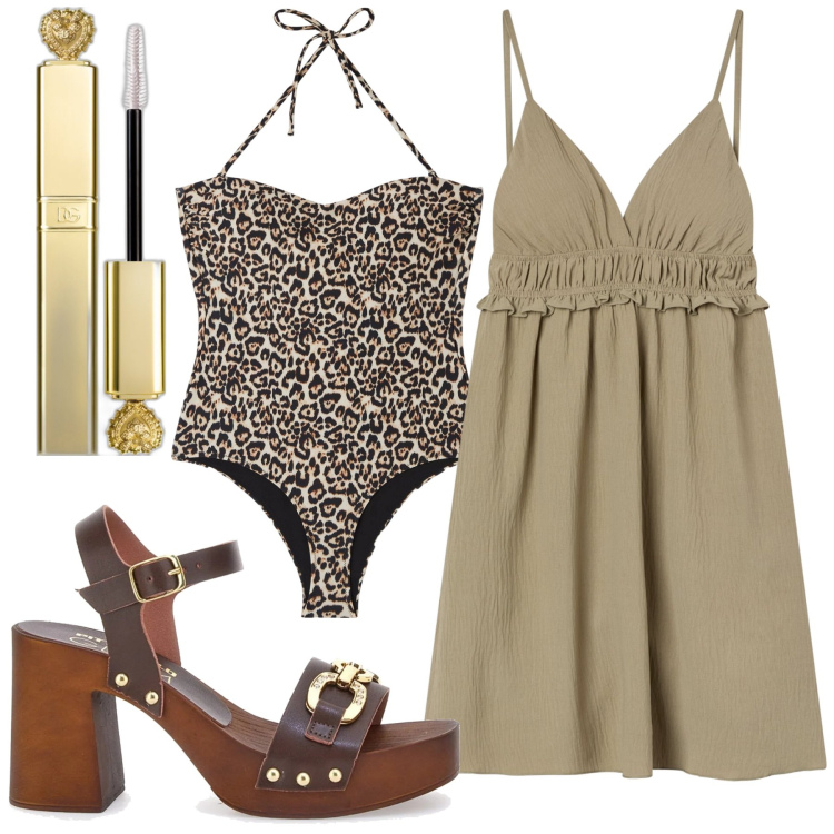 Outfit donna - Costume maculato. Stile Boho per Mare. Abbinamento con mascara, costumi interi, vestiti corti, zoccoli.