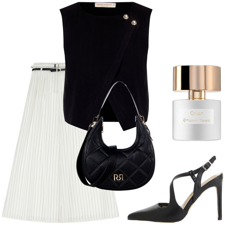 Outfit donna - Cena estiva. Stile Casual chic per Serata fuori. Abbinamento con profumi, borse a tracolla, top, pantaloni a palazzo, décolleté.