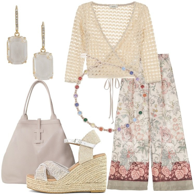 Outfit donna - Dixie - Summer Sale SS25. Stile Boho per Serata fuori. Abbinamento con braccialetti, borse tote, top, pantaloni, orecchini, zeppe.