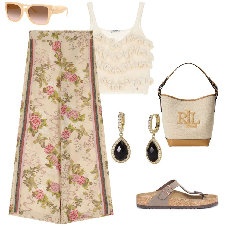Outfit donna - Total look #2196745. Stile Casual chic per Tutti i giorni. Abbinamento con orecchini, top, pantaloni a palazzo, occhiali da sole, borse a secchiello, ciabatte.