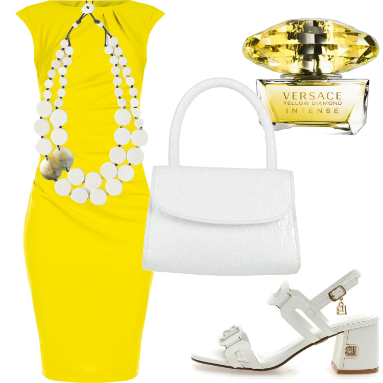 Outfit donna - Vestito giallo limone. Stile Casual chic per Cerimonia. Abbinamento con borse a mano, profumi, vestiti a tubino, sandali col tacco, ciondoli.