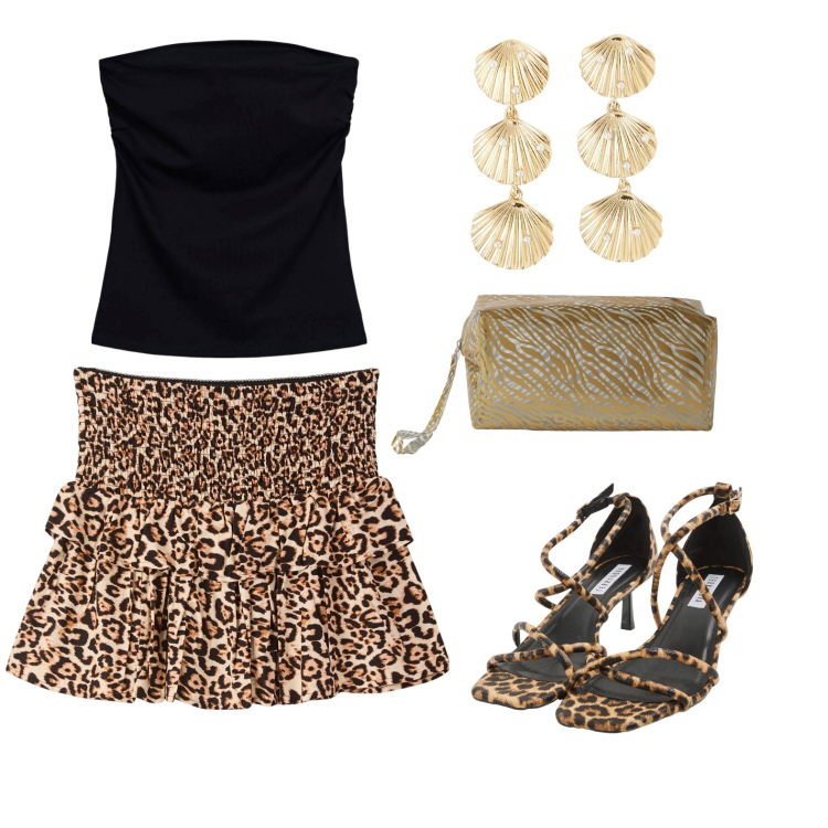 Outfit donna - Animalier forever. Stile Casual chic per Serata fuori. Abbinamento con sandali col tacco, minigonne, orecchini, top, pochette.