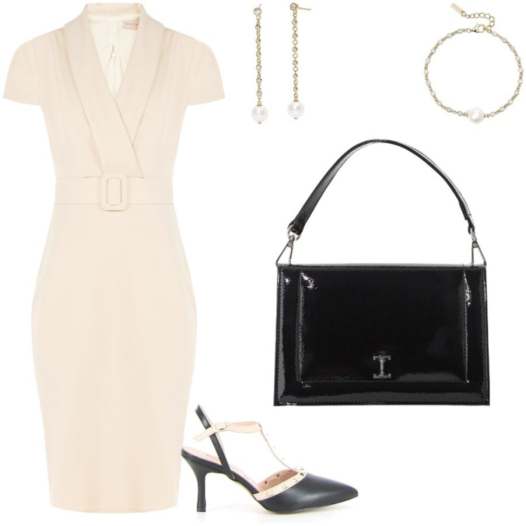 Outfit donna - Il sacramento del battesimo. Stile Bon Ton per Cerimonia. Abbinamento con orecchini, braccialetti, vestiti a tubino, borse a tracolla, sandali in pelle.