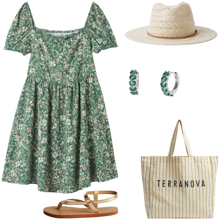 Outfit donna - Total look #2196755. Stile Romantica per Tutti i giorni. Abbinamento con vestiti corti, cappelli, borse tote, ciabatte, orecchini.