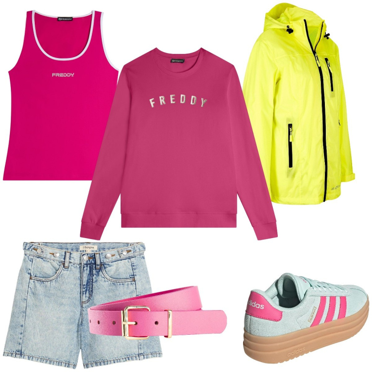 Outfit donna - Total look #2196767. Stile Casual per Tutti i giorni. Abbinamento con cinture, blazer, shorts, felpe, canottiere, sneakers.
