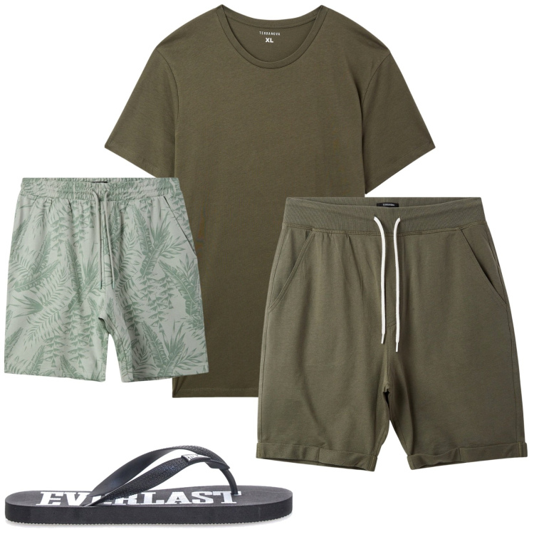 Outfit uomo - Giornata al mare. Stile Casual per Mare. Abbinamento con costumi, t-shirt, pantaloni corti, sandali.