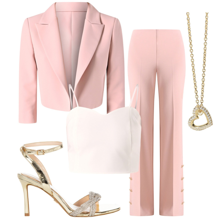 Outfit donna - Cerimonia estiva. Stile Bon Ton per Cerimonia. Abbinamento con pantaloni a palazzo, canottiere, blazer, sandali col tacco, collane.