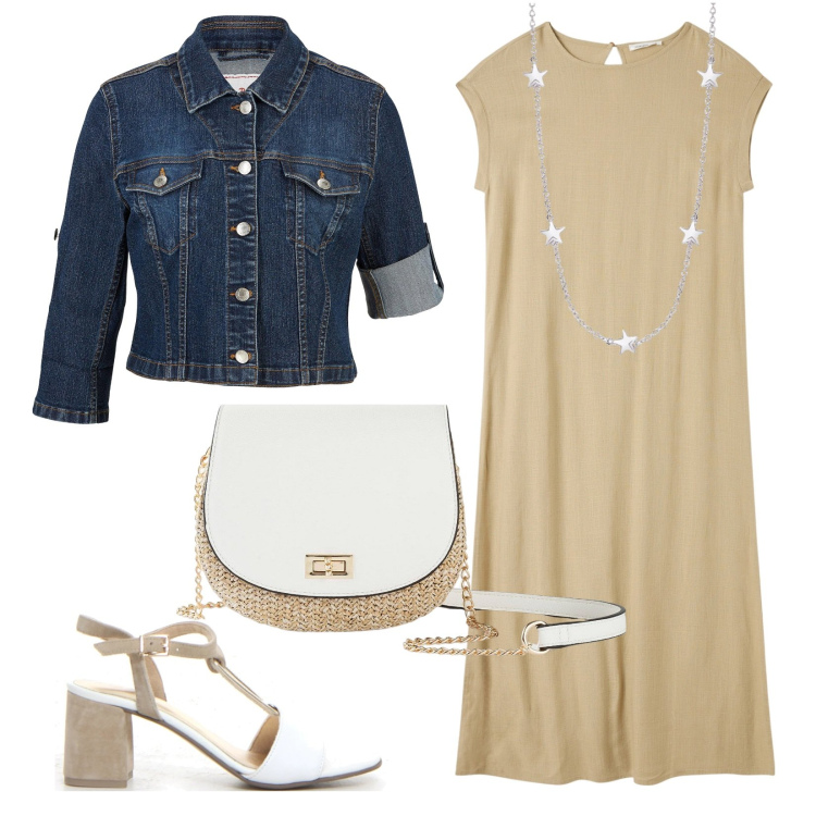 Outfit donna - Prontissima da mattino a sera. Stile Casual chic per Tutti i giorni. Abbinamento con blazer, borse a tracolla, vestiti lunghi, collane, sandali col tacco.