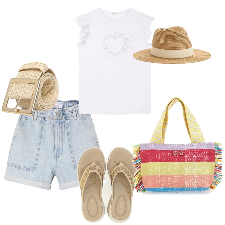 Outfit donna - Lungo mare. per Tutti i giorni. Abbinamento con shorts, t-shirt, cappelli, cinture, infradito, pochette.