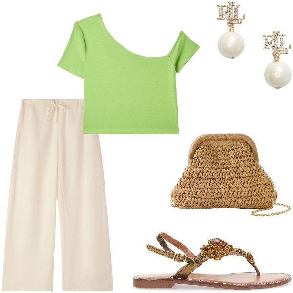 Outfit donna - Outifit di luglio. Stile Casual per Tutti i giorni. Abbinamento con borse a tracolla, pantaloni, t-shirt, orecchini, sandali gioiello.
