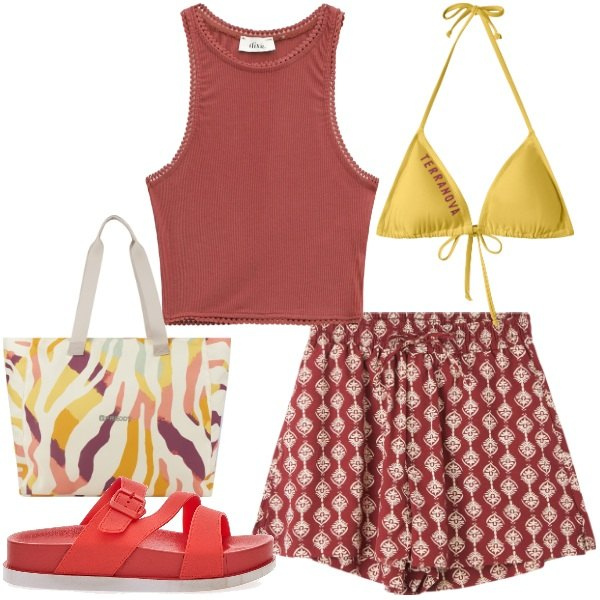 Outfit donna - Sfumature bruciate. Stile Basic per Mare. Abbinamento con shorts, bikini, shopping bag, top, ciabatte.