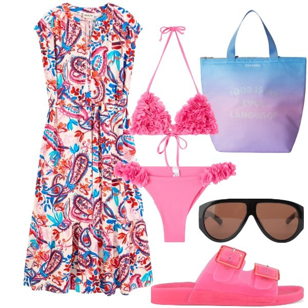 Outfit donna - Bikini con volants. Stile Basic per Mare. Abbinamento con vestiti chemisier, bikini, borse tote, bikini, occhiali da sole, sandali.