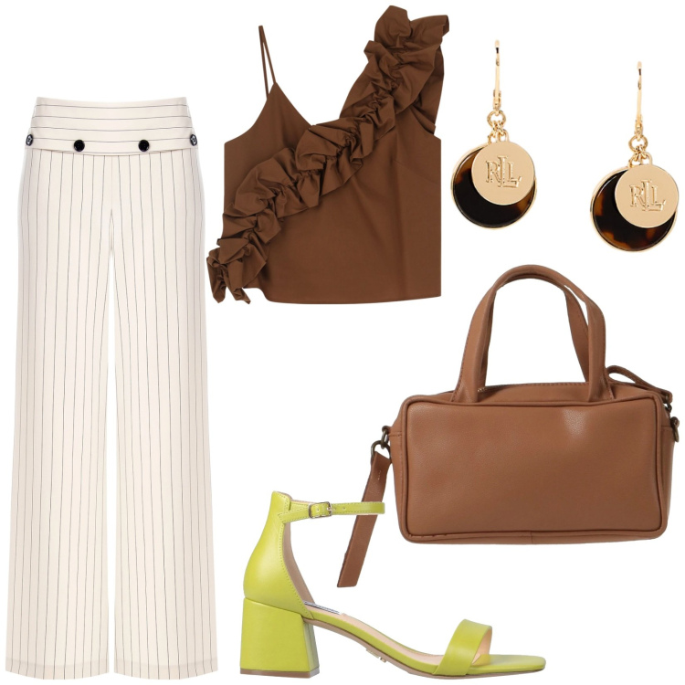 Outfit donna - Sandali colorati in città. Stile Etnico per Tutti i giorni. Abbinamento con sandali in pelle, borse a mano, top, pantaloni, orecchini.