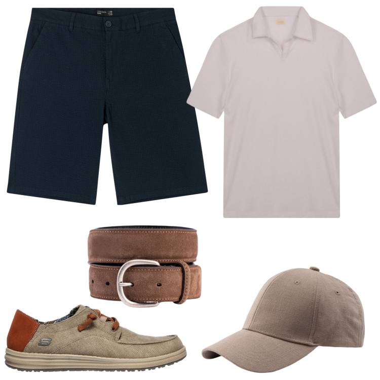 Outfit uomo - Bermuda sartoriali. Stile Casual per Tutti i giorni. Abbinamento con bermuda, scarpe stringate, cinture, polo, cappelli con visiera.
