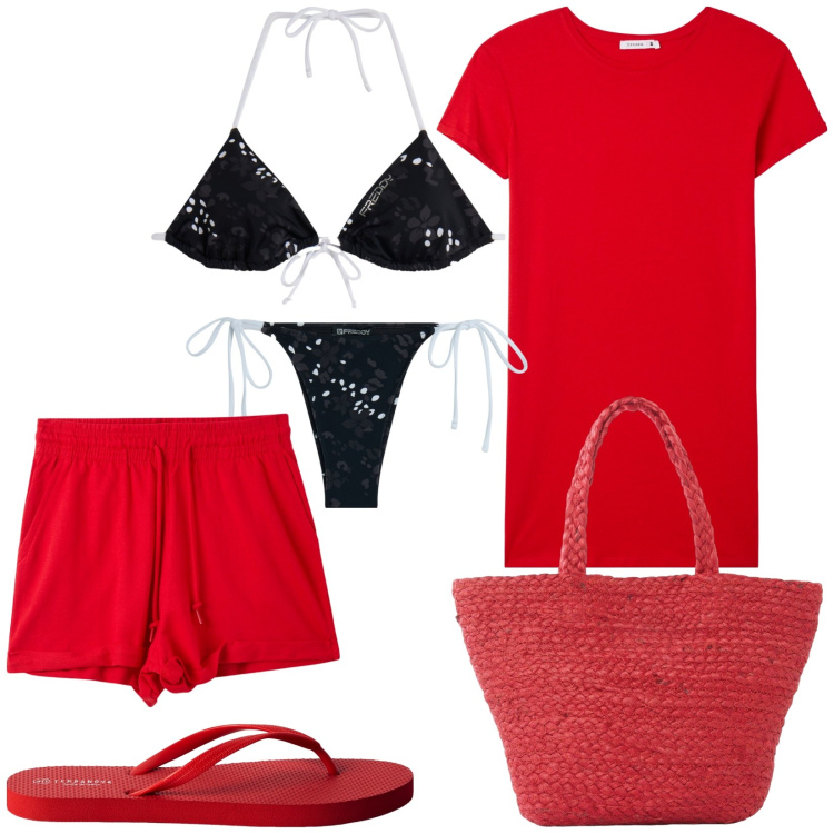 Outfit donna - Bantoa Summer sales. Stile Basic per Mare. Abbinamento con shopping bag, t-shirt, infradito, shorts, bikini, bikini.