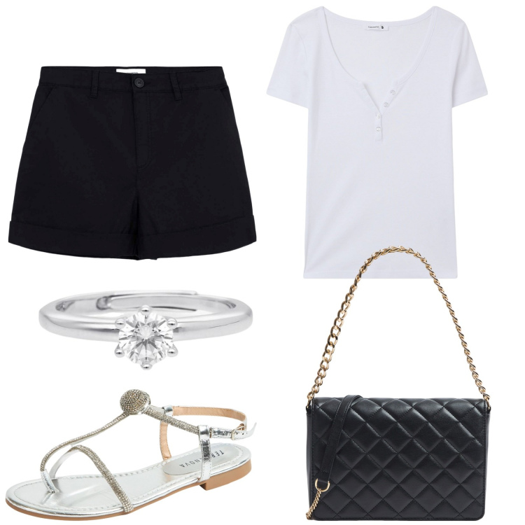 Outfit donna - Terranova Summer sales. Stile Basic per Tutti i giorni. Abbinamento con t-shirt, pantaloni corti, ciabatte, borse a tracolla, anelli.