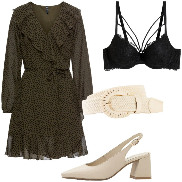 Outfit donna - L\'abito verde pepe. Stile Casual chic per Serata fuori. Abbinamento con vestiti, slip, décolleté, cinture.