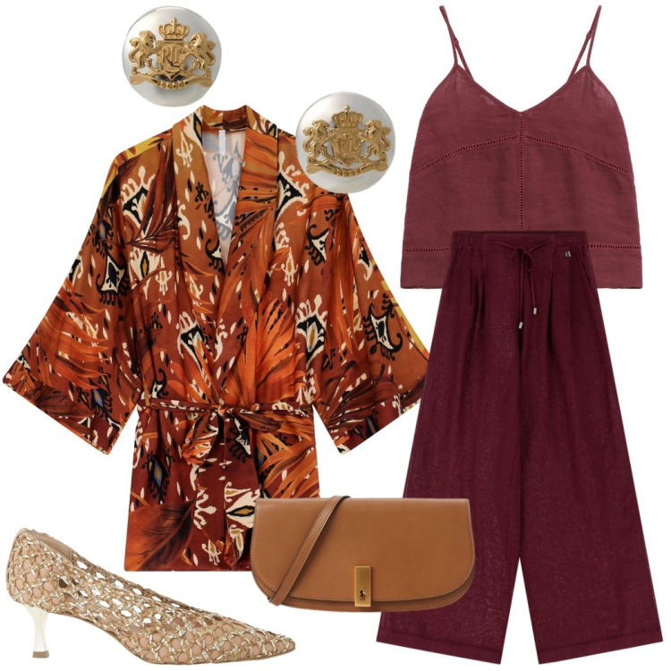 Outfit donna - Etnico chic rosso prugna da sera. Stile Etnico per Serata fuori. Abbinamento con kimono, orecchini, clutch, top, décolleté, pantaloni.