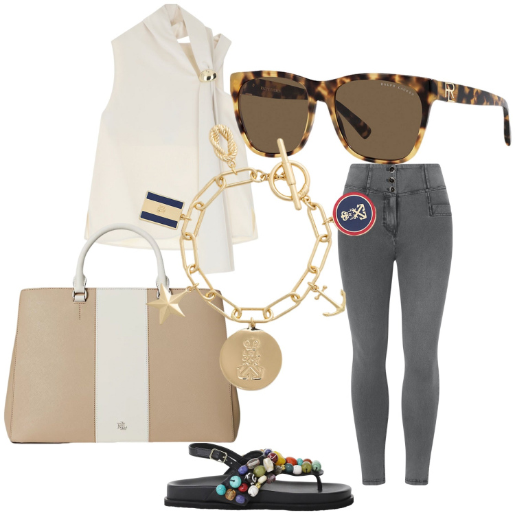 Outfit donna - Infradito al lavoro. Stile Urban per Ufficio. Abbinamento con top, jeggings, sandali gioiello, borse a mano, occhiali da sole, braccialetti con ciondoli.