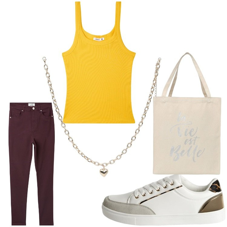 Outfit donna - Missione anticaldo. Stile Casual per Tutti i giorni. Abbinamento con pantaloni skinny, sneakers, borse tote, collane, canottiere.