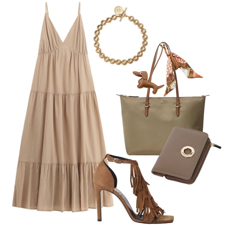 Outfit donna - L’abito Please da città. Stile Trendy per Tutti i giorni. Abbinamento con vestiti lunghi, portafogli, portachiavi, décolleté, borse tote, braccialetti.