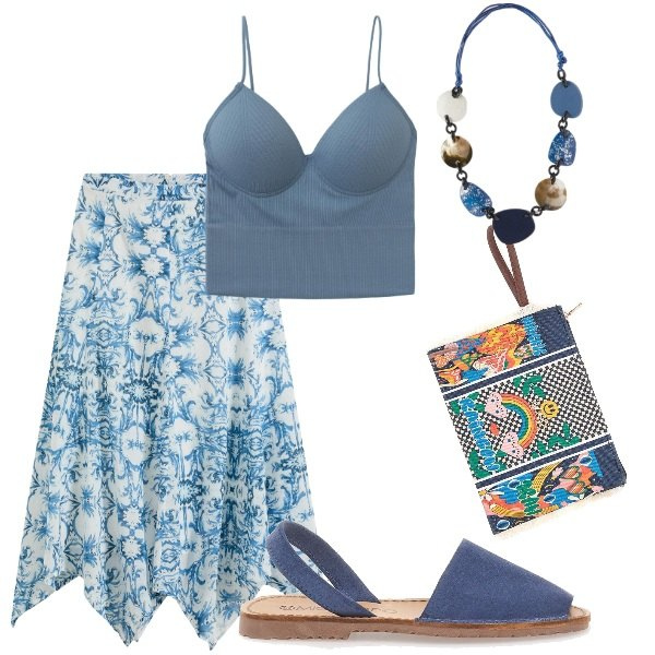 Outfit donna - Le serate di Luglio. Stile Casual chic per Serata fuori. Abbinamento con gonne, top, pochette, sandali, collane.