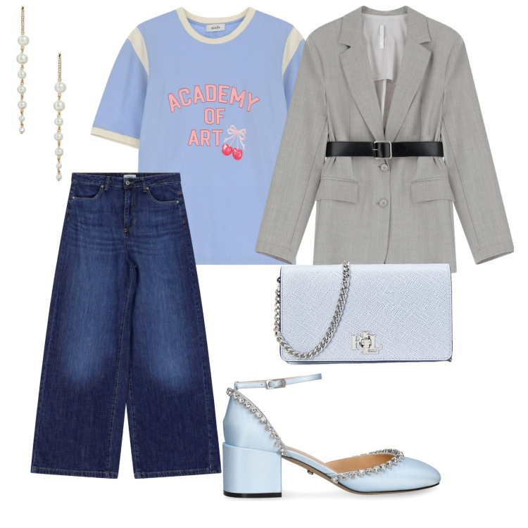 Outfit donna - A lavoro. per Ufficio. Abbinamento con blazer, t-shirt, jeans, orecchini, borse a tracolla, décolleté.