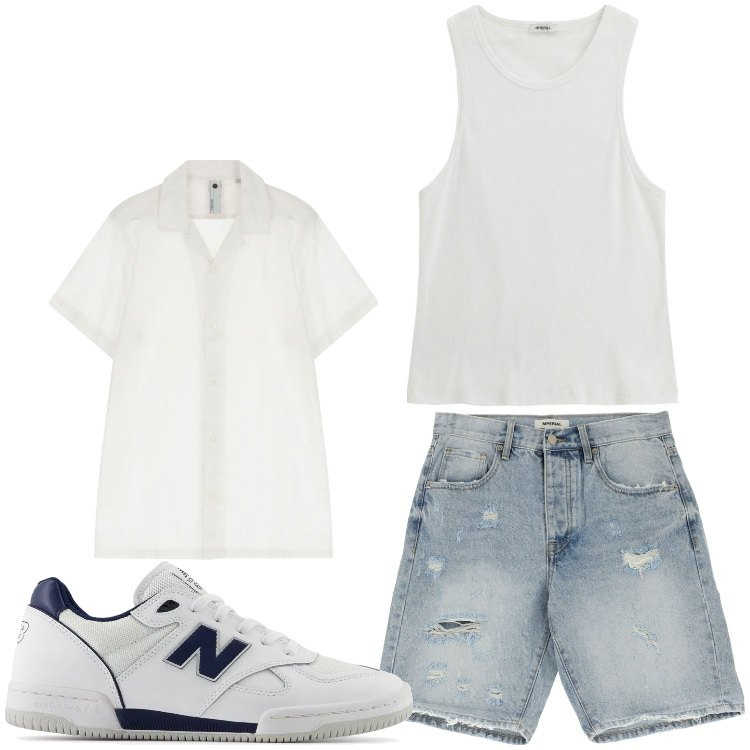 Outfit uomo - Blu e bianco. Stile Casual per Tutti i giorni. Abbinamento con sneakers, canottiere, camicie a manica corta, bermuda.