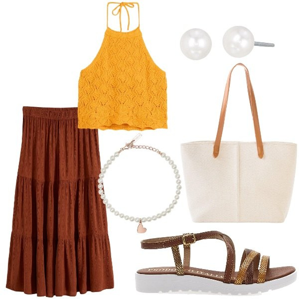 Outfit donna - Serata tra amici. Stile Casual per Serata fuori. Abbinamento con gonne longuette, top, shopping bag, orecchini, braccialetti, sandali alla schiava.