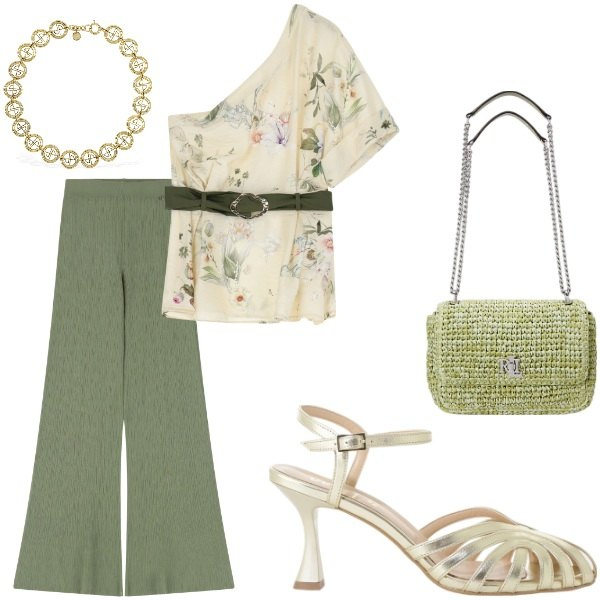Outfit donna - Compleanno tra amici. Stile Casual chic per Serata fuori. Abbinamento con top, pantaloni, sandali col tacco, borse a spalla, collane.
