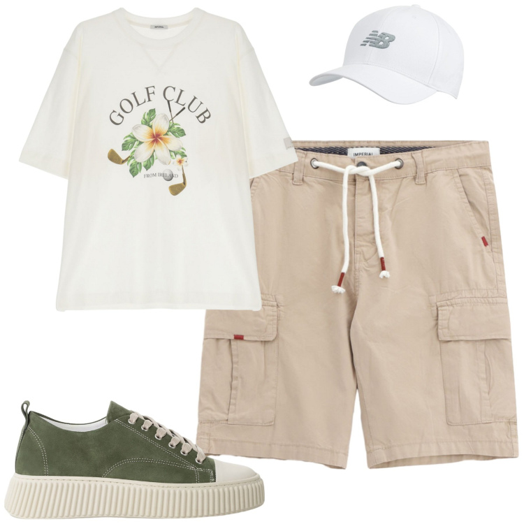 Outfit uomo - Imperial sales. Stile Casual per Tutti i giorni. Abbinamento con cappelli con visiera, sneakers, t-shirt, bermuda.
