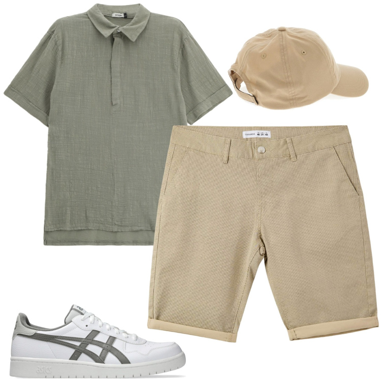 Outfit uomo - Polo e bermuda. Stile Casual per Tutti i giorni. Abbinamento con pantaloni corti, polo, sneakers, cappelli.