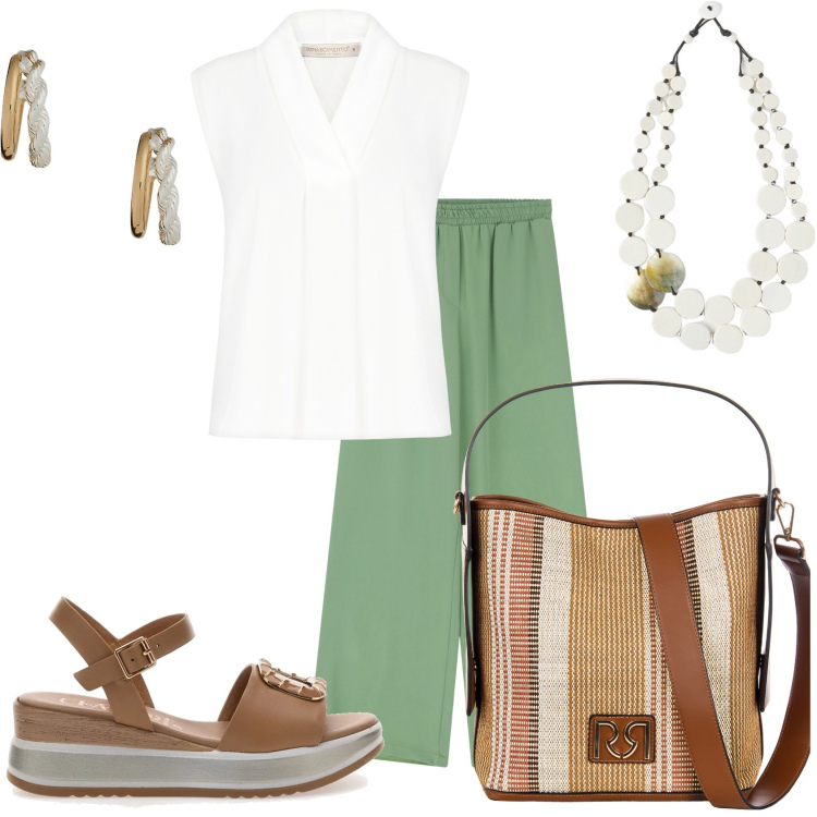 Outfit donna - Fresca in estate. Stile Glamour per Tutti i giorni. Abbinamento con bluse, borse a secchiello, pantaloni a palazzo, orecchini, sandali, ciondoli.