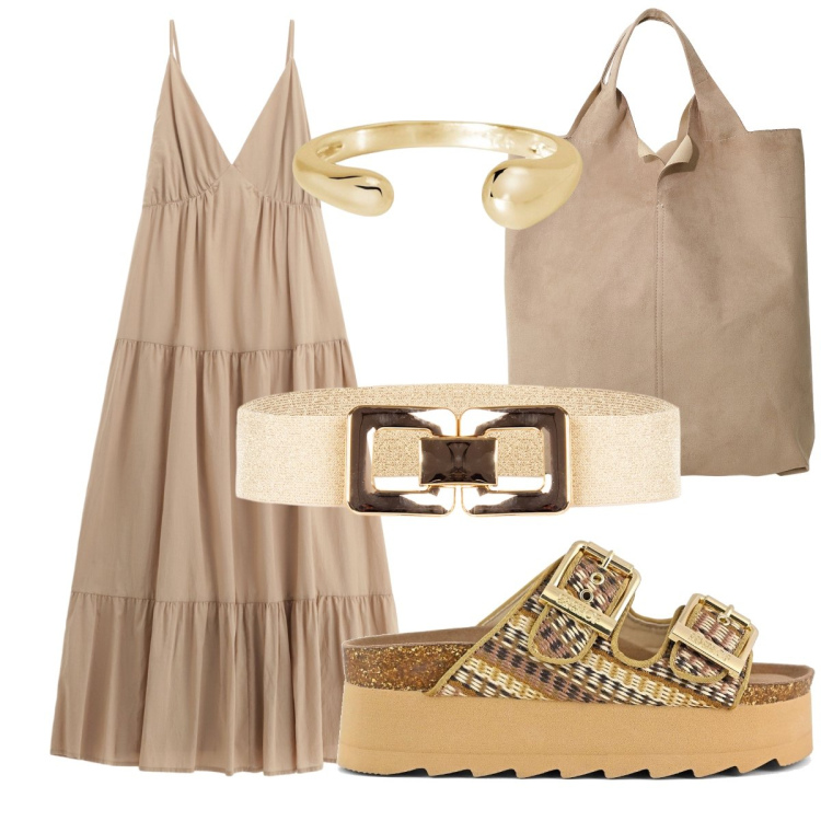 Outfit donna - Beige per la mia vacanza. Stile Boho per Tutti i giorni. Abbinamento con anelli, cinture, vestiti lunghi, shopping bag, sandali.