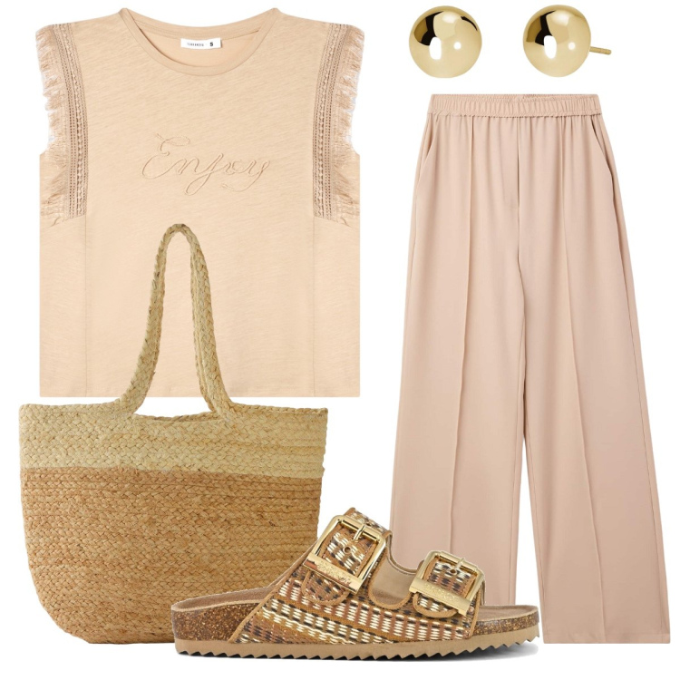 Outfit donna - Beige low-cost. Stile Casual per Tutti i giorni. Abbinamento con shopping bag, pantaloni, t-shirt, orecchini, sandali.