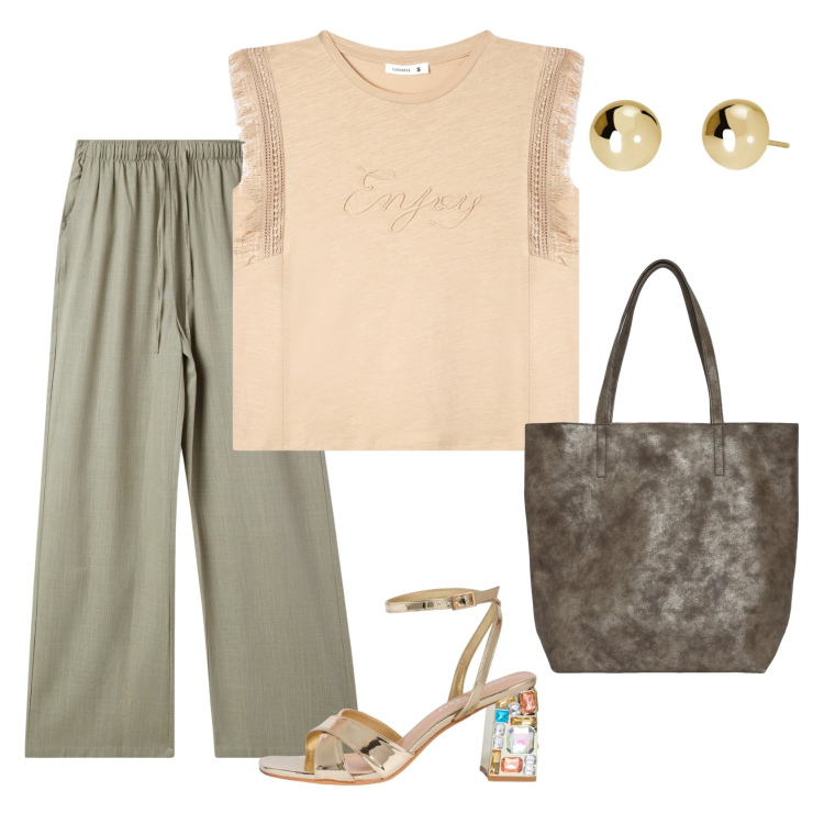 Outfit donna - Total look #2196973. Stile Casual per Tutti i giorni. Abbinamento con orecchini, t-shirt, shopping bag, sandali gioiello, pantaloni.