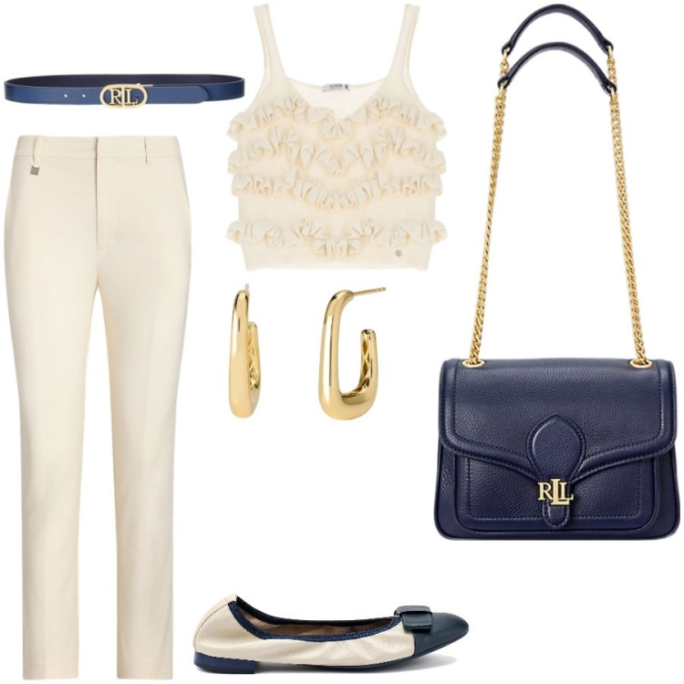 Outfit donna - Apericena in beige e blu. Stile Chic per Serata fuori. Abbinamento con orecchini, top, borse a spalla, cinture, pantaloni, ballerine.