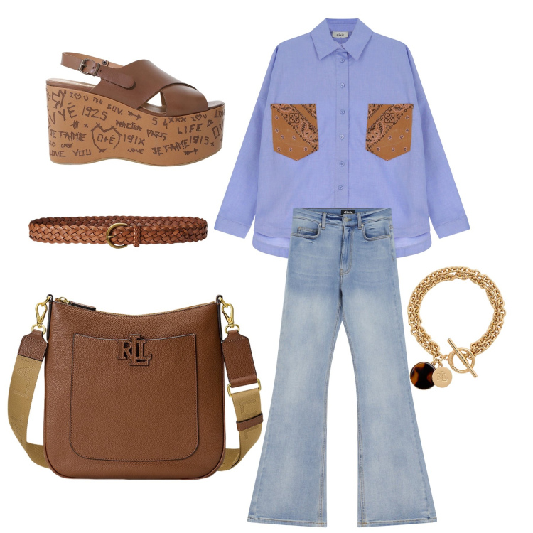 Outfit donna - S&CNY. Abbinamento con borse a tracolla, braccialetti con ciondoli, cinture, jeans a zampa, zeppe, camicie.